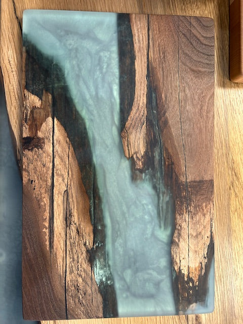 Custom Epoxy Wood Charcuterie Green and Blue Dark Wood